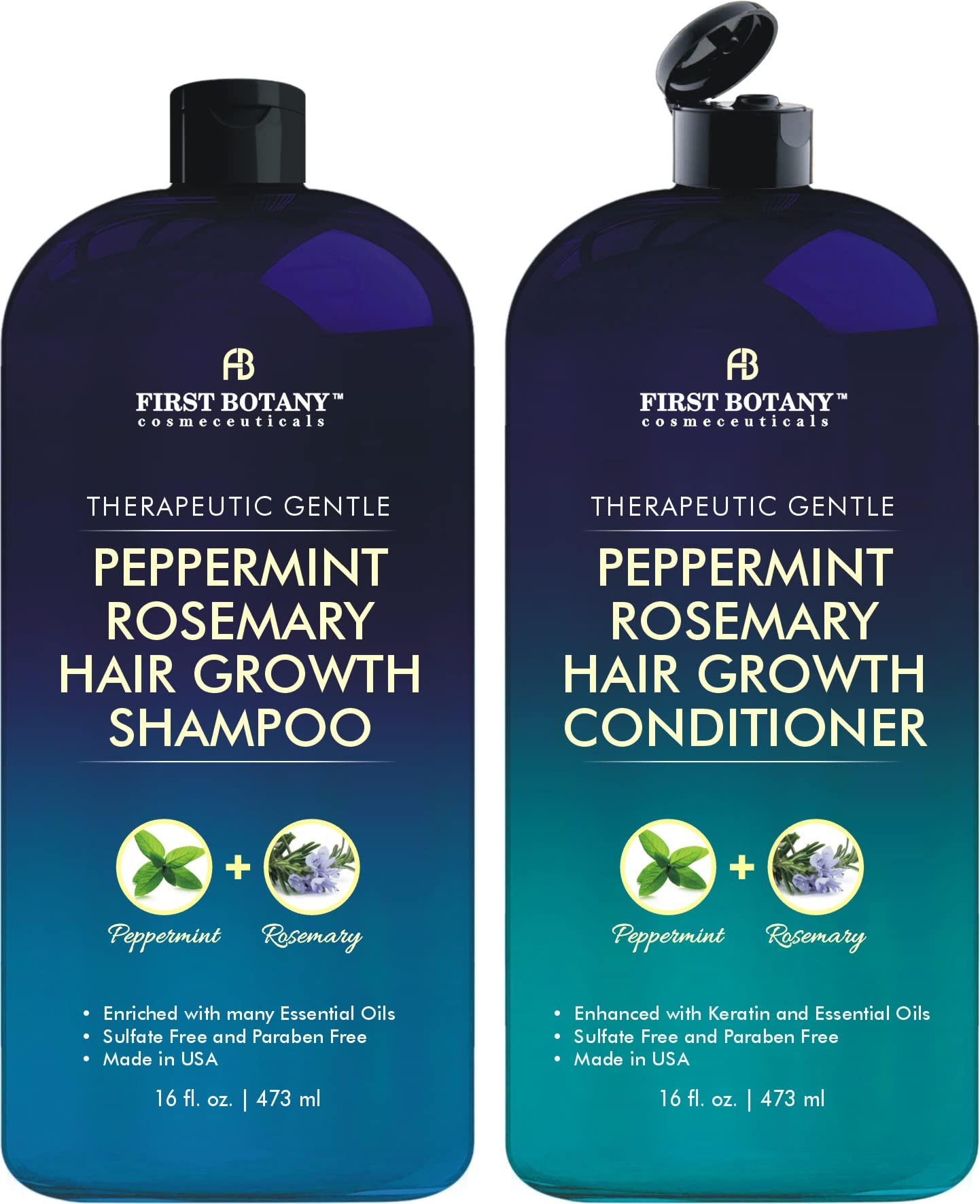 First Botany, Peppermint Rosemary Hair Regrowth and Anti Hair Loss Shampoo and Conditioner Set - Daily Hydrating, Detoxifying, Volumizing Shampoo