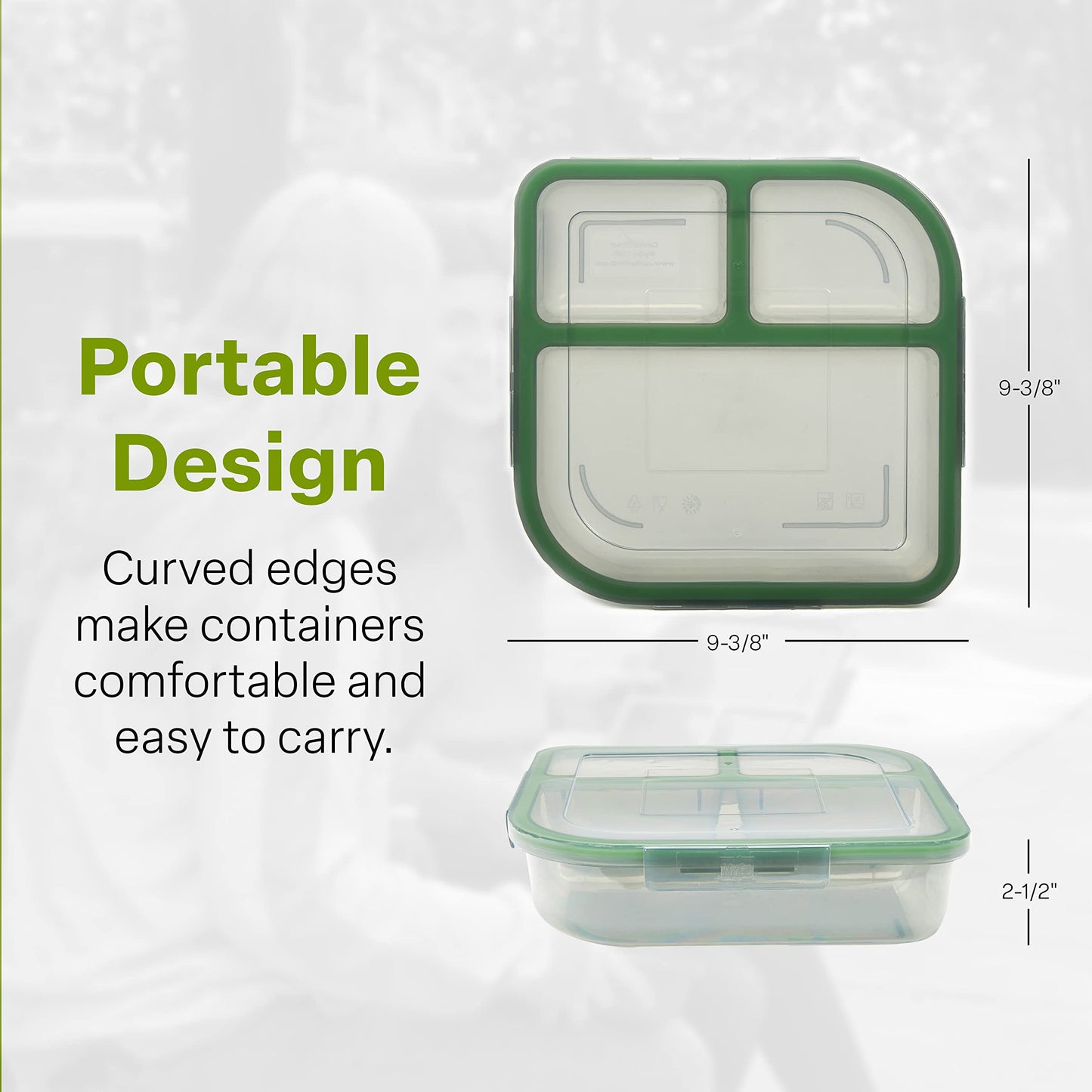 MyGo Container Large To-Go 3-Compartment Food Containers, Pack Of 3, 9-3/8" X 9-3/8" X 2-1/2", Reusable, Microwave Safe, NSF Certified, Smoke/Green