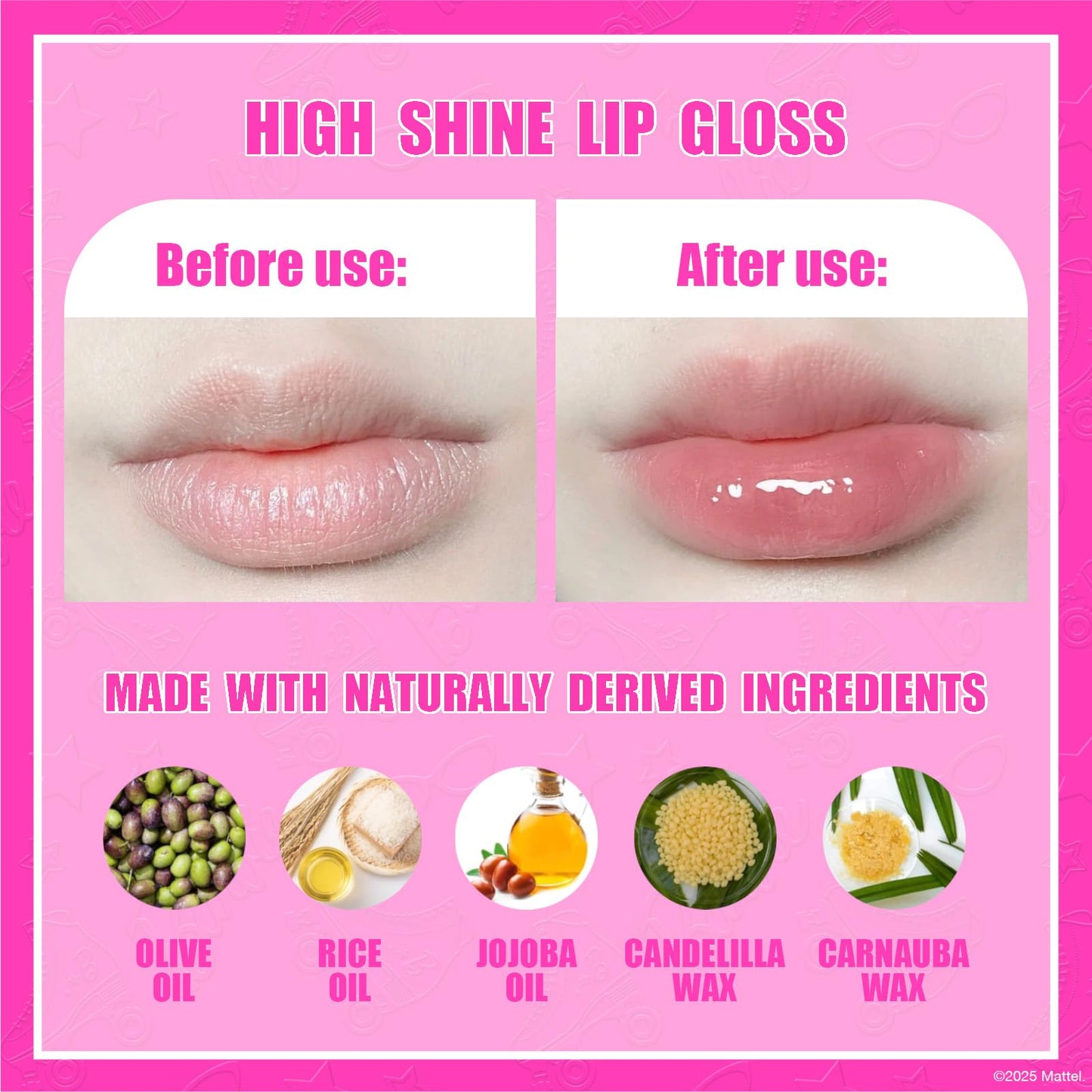 Barbie 7 Piece Plant Based Lip Gloss, Girls Party Favors, First Makeup Set for Girl, Perfect for Parties, Sleepovers, and Birthday Gifts, Ages 3+, by