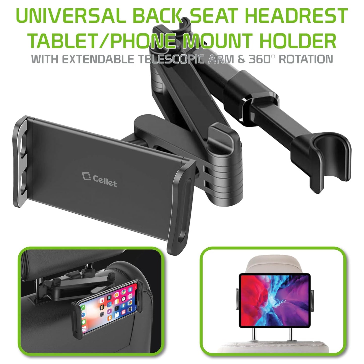 Cellet Dual Adjustable Phone Holder & Tablet Mount for Car Back Seat Headrest Compatible with Apple iPad, Air, Pro, Mini, iPhones, Samsung Galaxy…