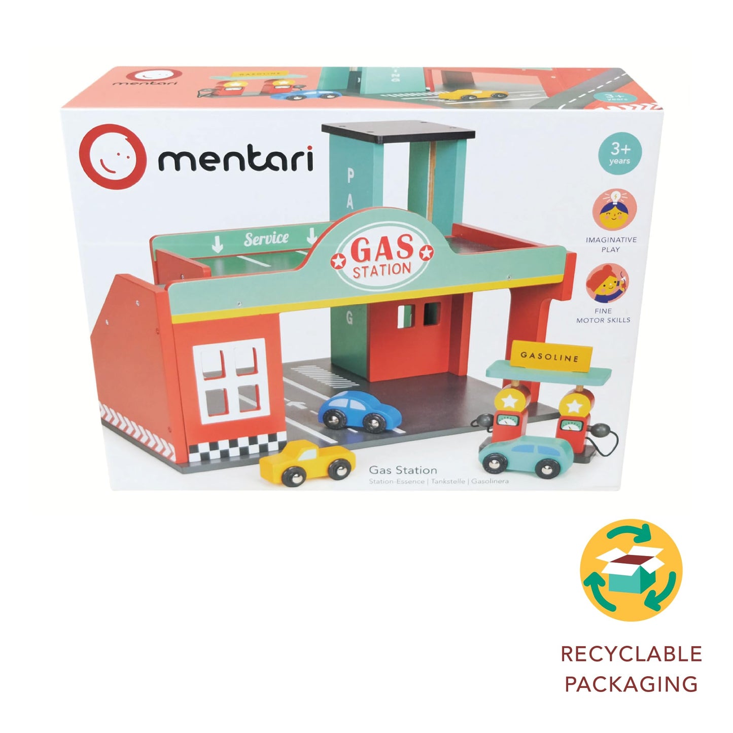 Mentari Toys Wooden Gas Station Playset – Garage with Lift, Cars, Ramp & Gas Pumps – Imaginative Role Play Toy for Kids Ages 3+