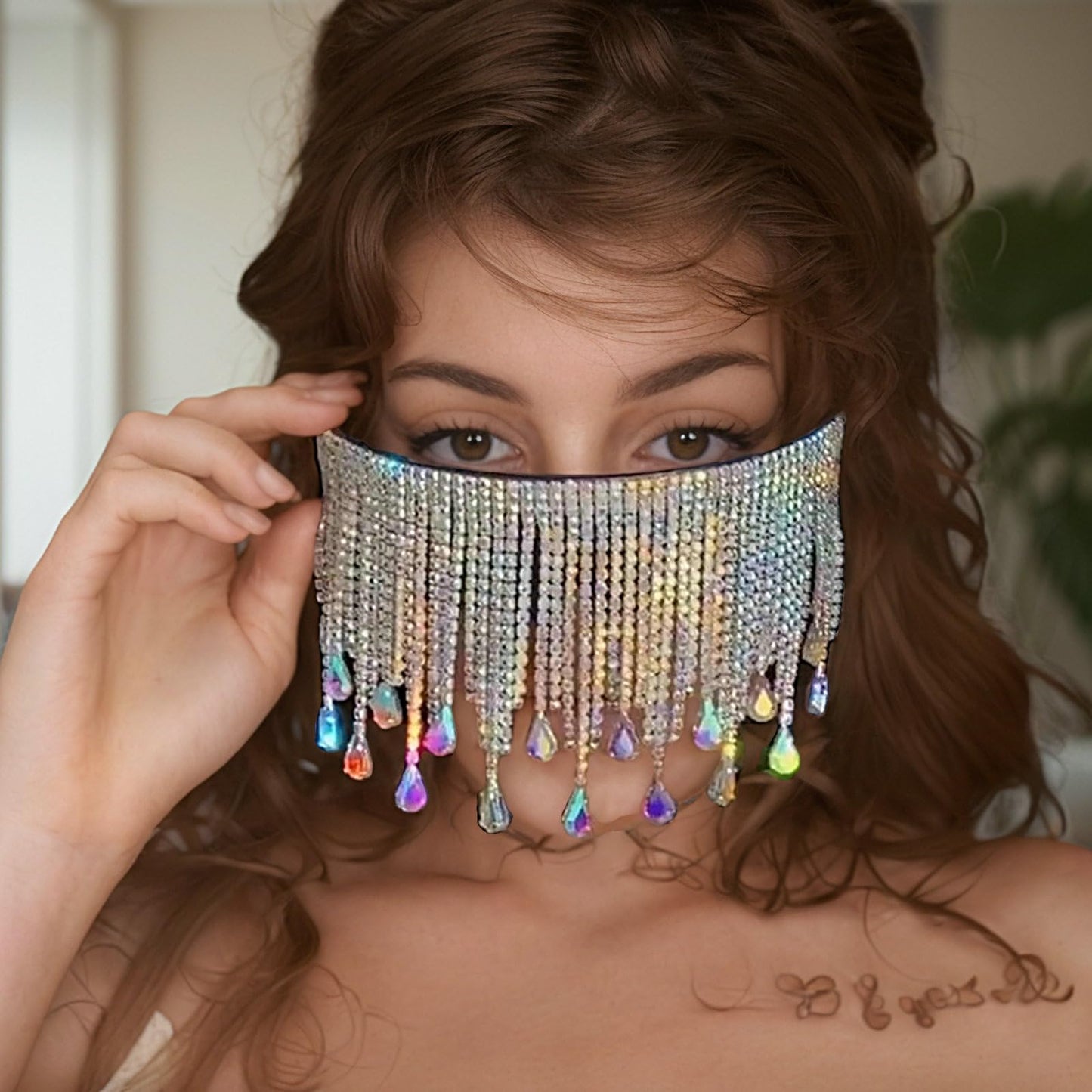 COTIA Oversized Goggles Sunglasses Women Luxury Fsahion Tassel Crystal Diamond Sun Glasses Mask Steampunk Eye Protection Glasses (black)