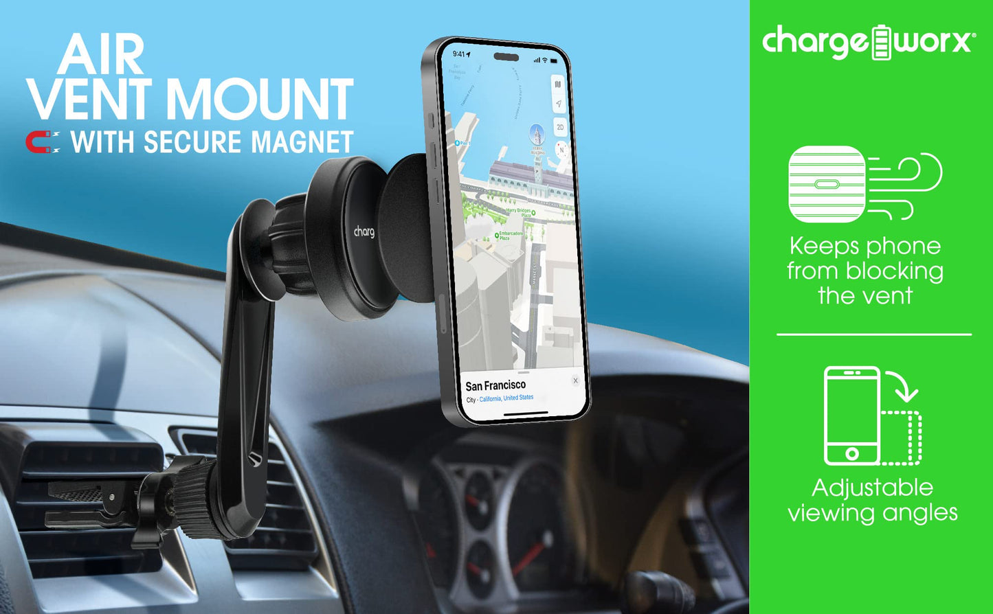 CHARGEWORX Magnetic Car-Vent Phone Mount, Universal Phone Holder with Secure Lock and Quick Release, Adjustable Arm, 360-Degree Rotating Capability…