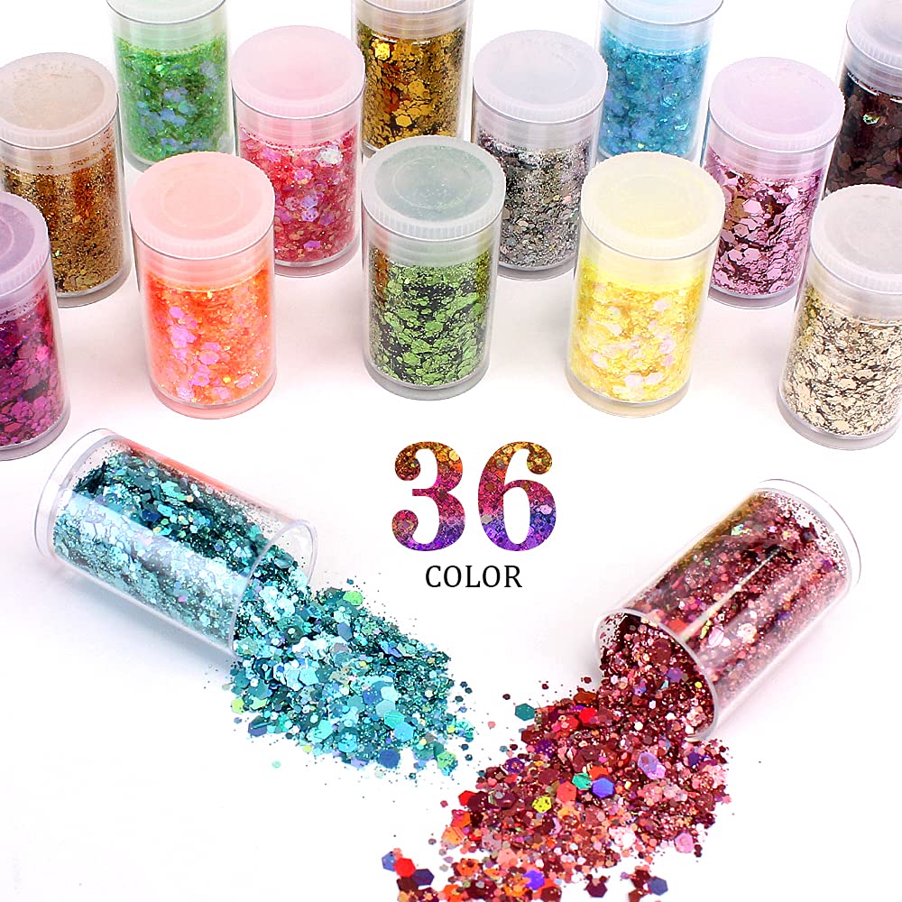 Chunky and Fine Glitter Mix, Estanoite 36 Colors Chunky Sequins & Fine Glitter Powder Mix, Cosmetic Makeup Flakes for Face Body Eye Nail Art Resin