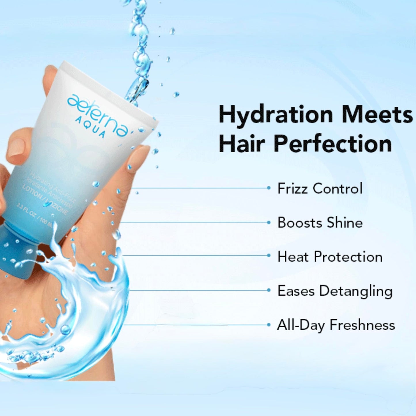 Aeterna Aqua Hydrating Anti-Frizz Hair Lotion | Frizz Ease, Deep Moisture & Color Protection - Vitamin E, Grape Seed & Collagen Infused, for All Hair
