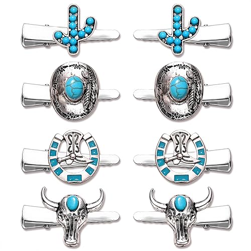Western Cowboy Cowgirl Boot Hat Hair Clips - 8PCS Vintage Turquoise Star Lightning Cactus Hairpins - Women's Hair Accessories (Pattern A)