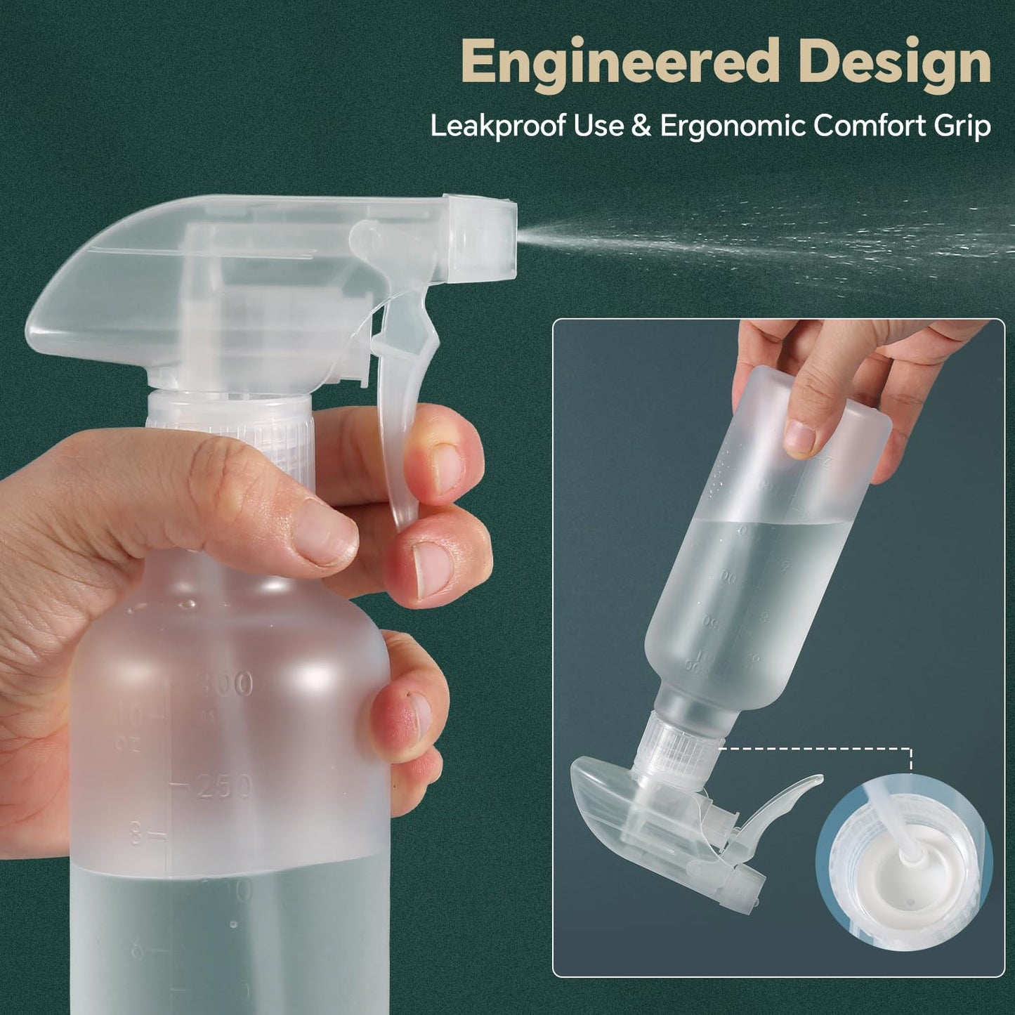 TTTred Leakproof Spray Bottles (2 Pack 10 oz), Adjustable Fine Mist & Jet Stream Nozzle, Premium BPA-Free Frosted Plastic Multi-Purpose for Hair Beauty and Personal Care TTTred