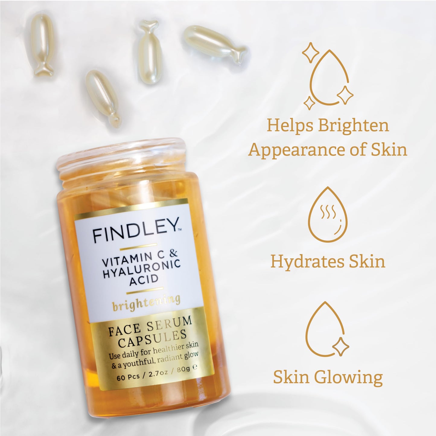 Findley Brightening Face Serum with Vitamin C & Hyaluronic Acid | Hydrating & Radiance Boosting | Improves Skin’s Appearance (60 pcs, 2.7oz)