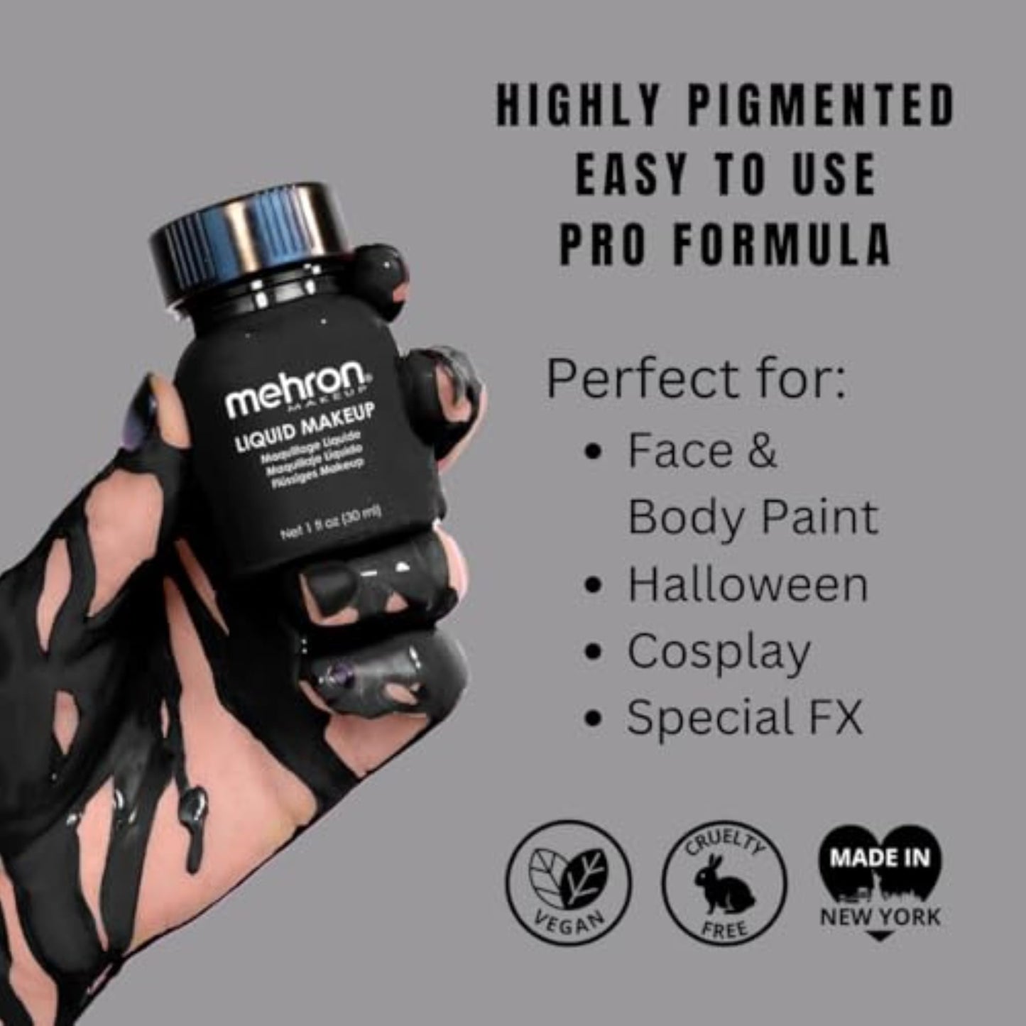Mehron Makeup Liquid Makeup | Face Paint and Body Paint Perfect for Halloween, Cosplay I Air Brush Compatible (1 oz) (BLACK)