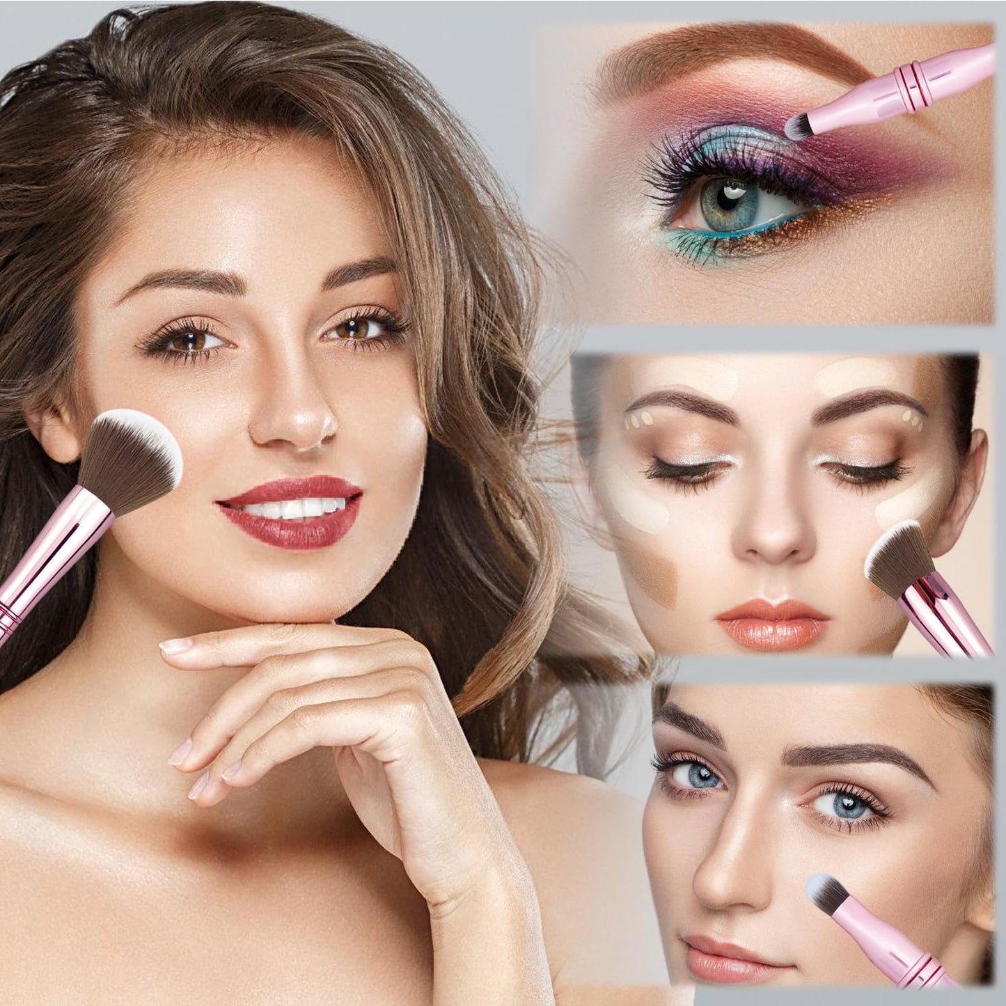 Voxora 4 in 1 Makeup Brush Set - All in One Powder/Blush, Foundation, Blending & Eyeshadow Brushes, Compact & Travel Essential