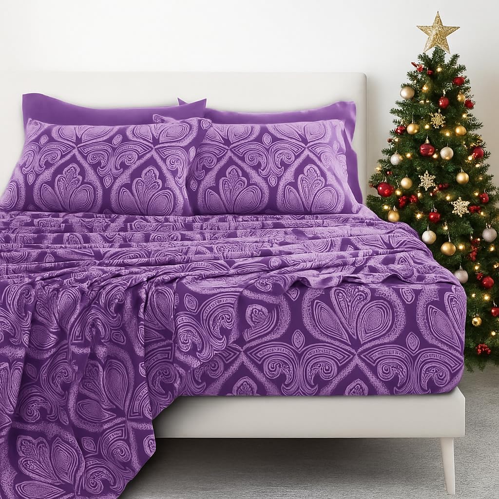 LUX Décor Paisley Full Sheet Set - 6 Piece Ultra-Soft Microfiber Bed Sheets with Flat Sheet, 16 Inches Deep Pocket Fitted Sheet & 4 Pillowcases,