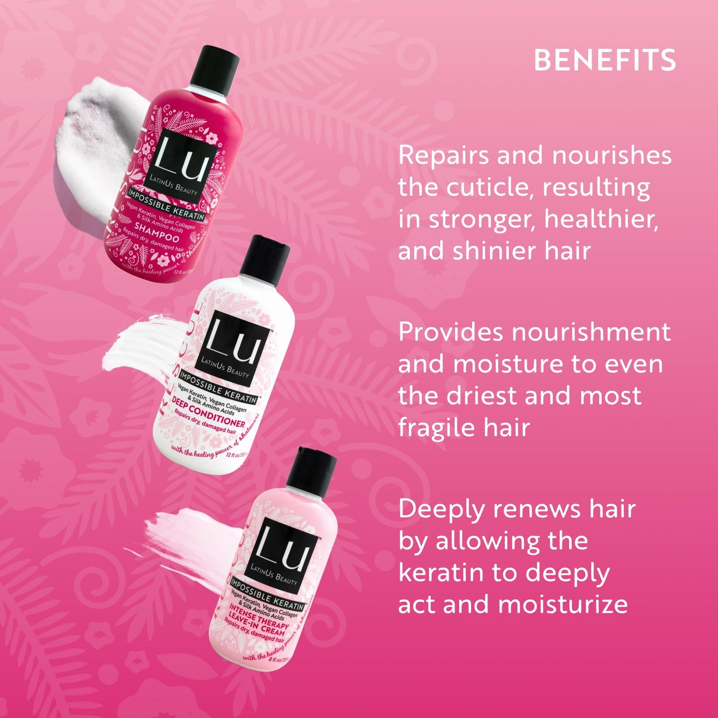 LATINUS BEAUTY RESCUE Collection, Impossible Keratin Anti-Frizz Shampoo (12 oz) + Conditioner (12 oz) + Leave-In Cream (8 oz) for Dry, Damaged Hair