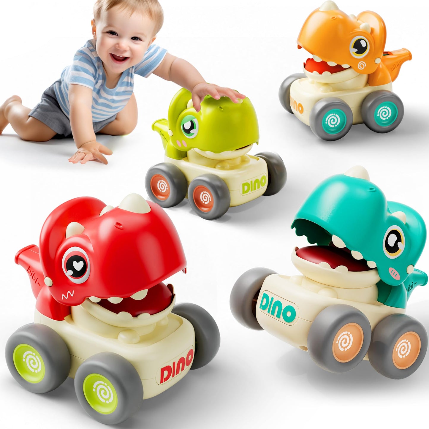 iPlay iLearn Dinosaur Press & Go Car Toys – Baby Dino Racing Cars, Push & Whistle Vehicles for Toddlers 6–18M, 1st Birthday Gift Boys 1–3