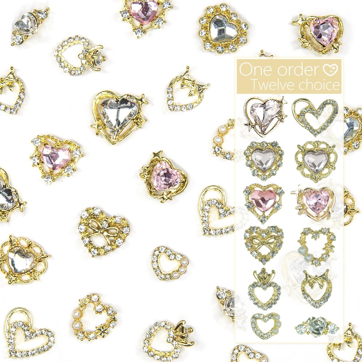 24pcs Heart Nail Charms Luxury Alloy Charms for Nails, qiipii 12 Pair 3D Gold Nail Art Rhinestones Nail Gems Golden Nail Crystal Diamonds Jewelry Beauty & Personal Care qiipii