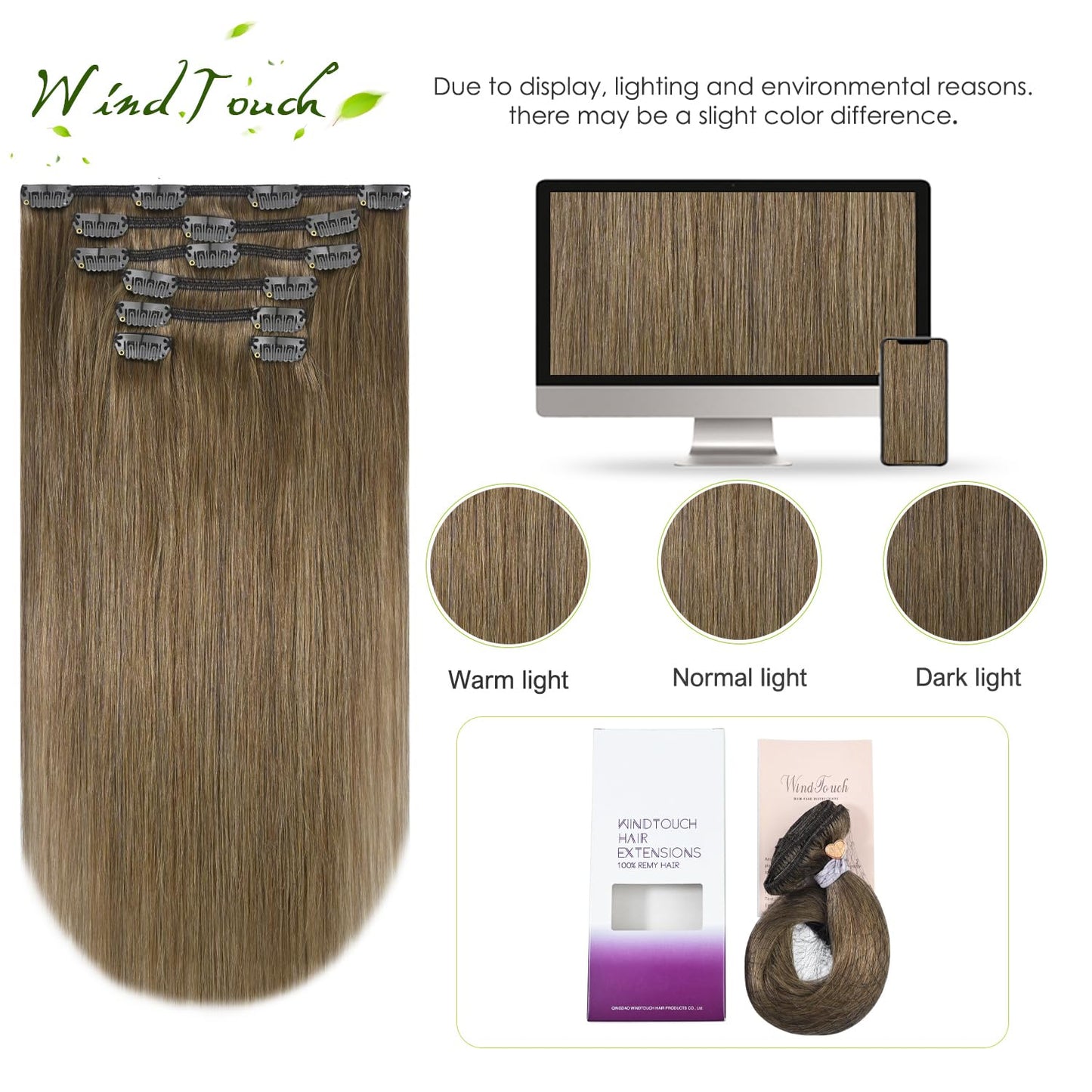 WindTouch Clip in Hair Extensions Remy Hair Ash Brown For Black Women 20Inch 75g Soft Clip Ins #8 7PCS Gift For Women