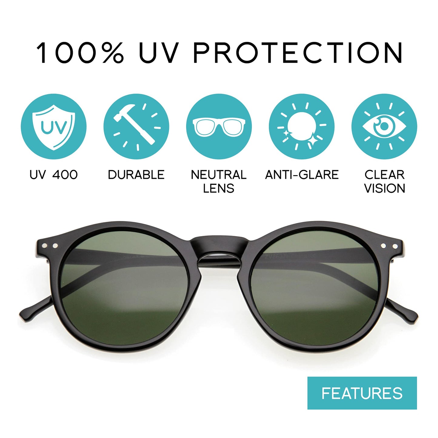 zeroUV - Vintage Retro Horn Rimmed Round Circle Sunglasses with P3 Keyhole Bridge (Black/Green)