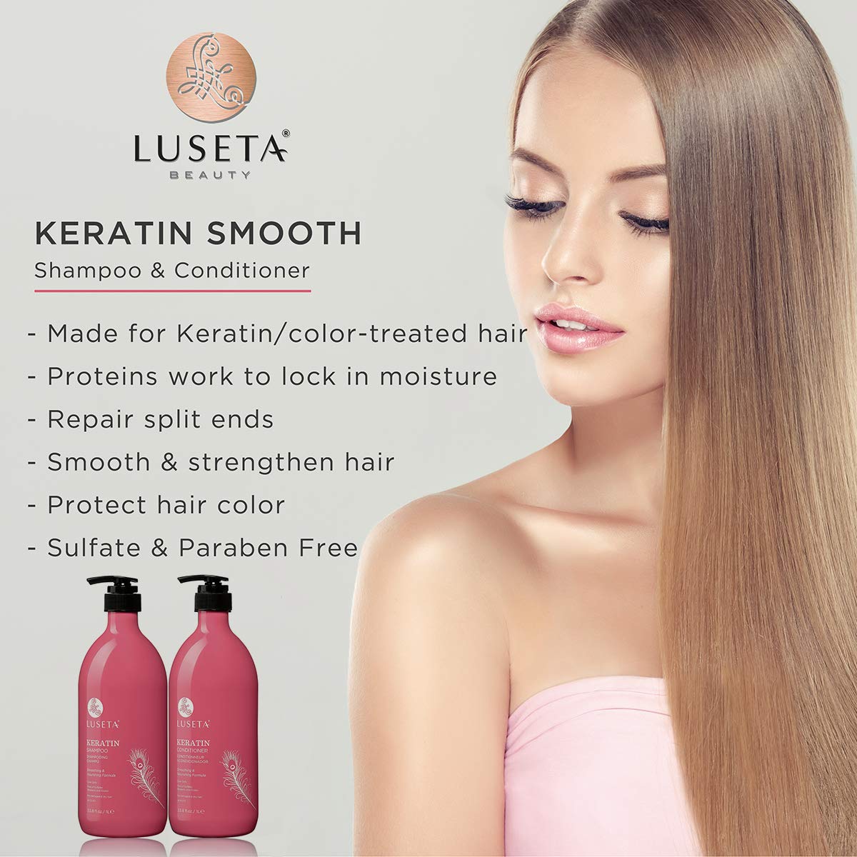 Lseta Keratin Shampoo and Conditioner Set 33.8oz*2 - Reduce Breakage & Frizz Control Set with Quinoa Protein & Sunflower Seed Oil - Strengthens