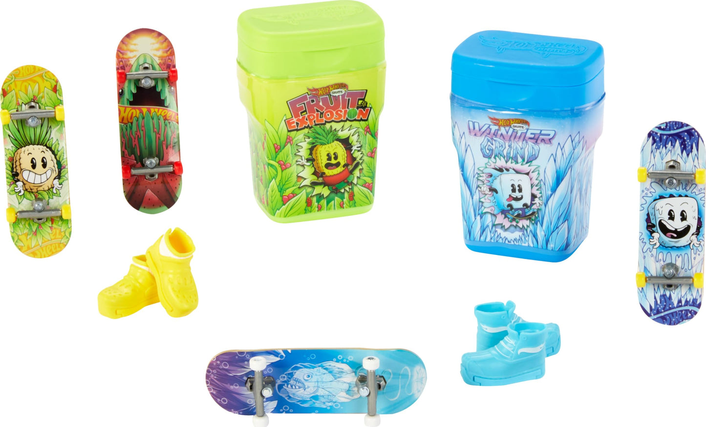 Hot Wheels Skate Fingerboards & Skate Shoes, 2 Flavor Containers with 2 Exclusive Boards & 1 Pair of Removable Shoes in Portable Storage Containers