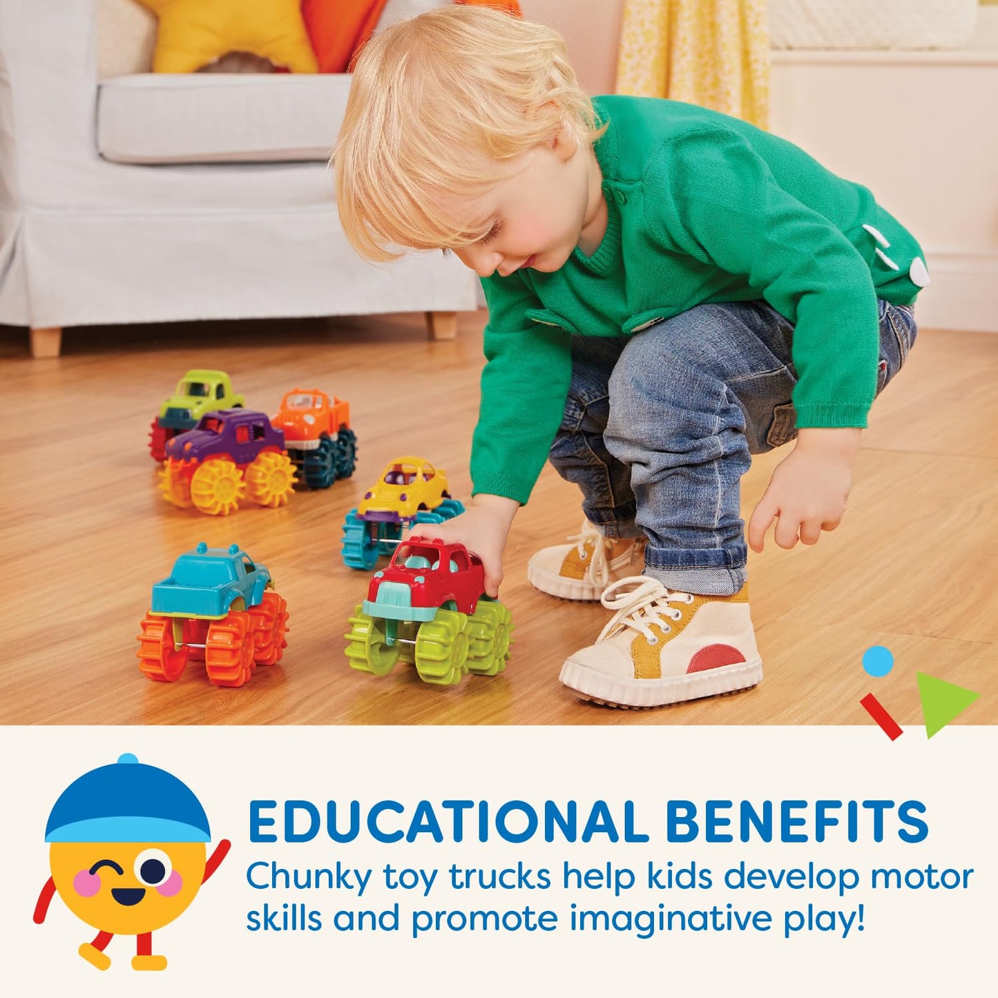 Battat - Plastic Toy Cars - 6 Pack & Storage Bag - Colorful Toddler Trucks - Easy To Clean - 2+ Years - Mini Monster Trucks