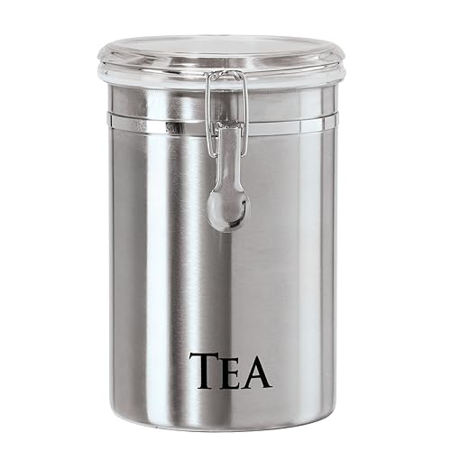 Oggi Stainless Steel Tea Canister 62 fl oz - Airtight Clamp Lid, Clear See-Thru Top - Ideal for Tea Bag, Loose Tea, Kitchen Storage, Pantry Storage.…