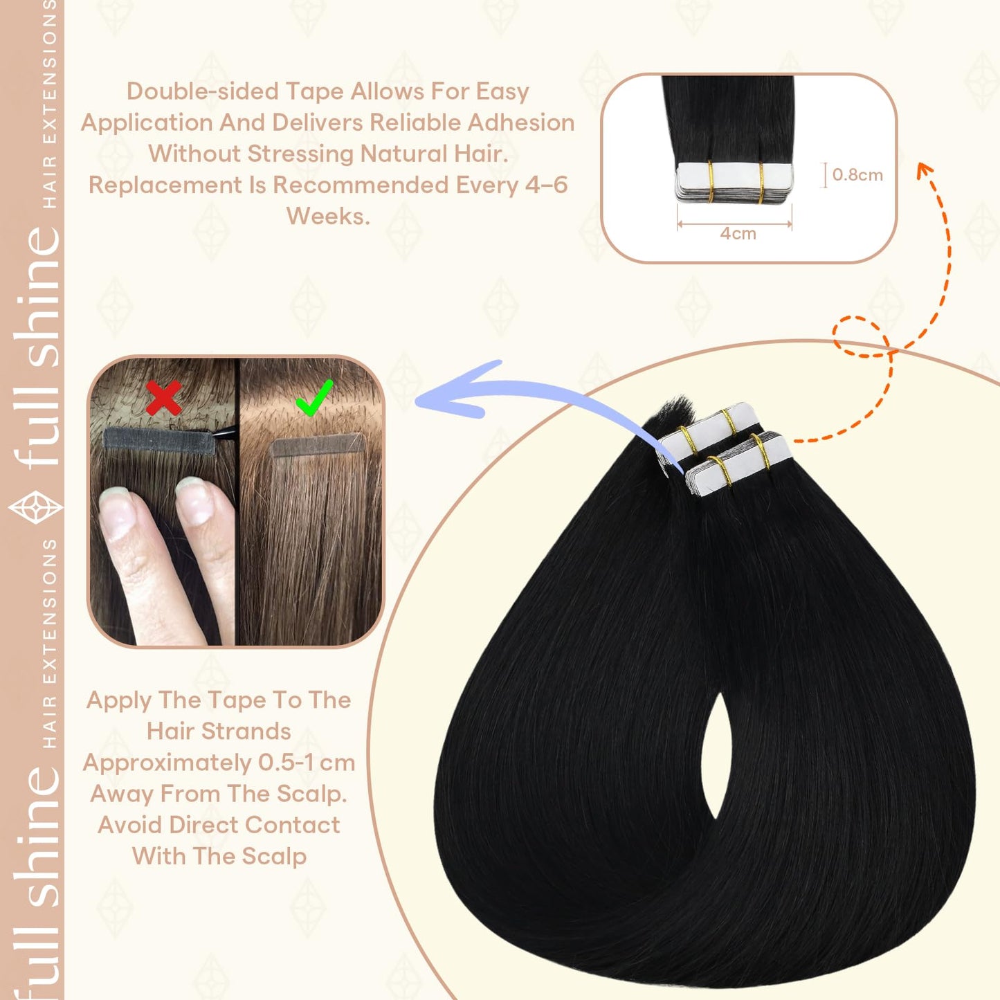 Full Shine Tape in Hair Extensions Human Hair, Color 1 Jet Black, 24 Inch, 100g, 40PCS, Invisible Brazilian Human Hair Tape in Extensions, Seamless Beauty and Personal Care Fshine