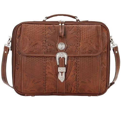 American West Hand Tooled Handcrafted 100% Genuine Leather Laptop Briefcase for Men and Women | Classic Travel Collection | Western (Medium Brown)