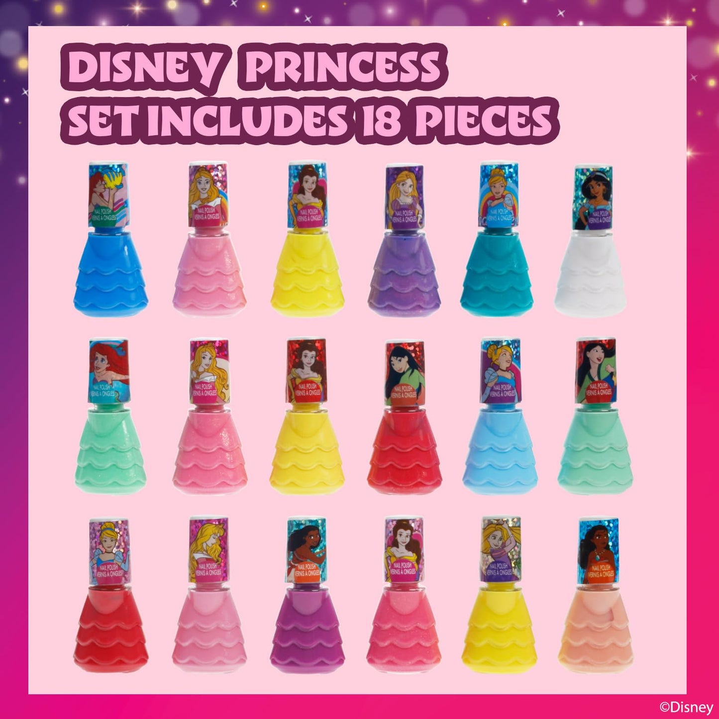 Townley Girl Disney Princess 18 Piece Water-Based Nail Polish Set, Castle Theme, Quick Dry and Peels-Off, Nail Paint Set for Girls, Perfect