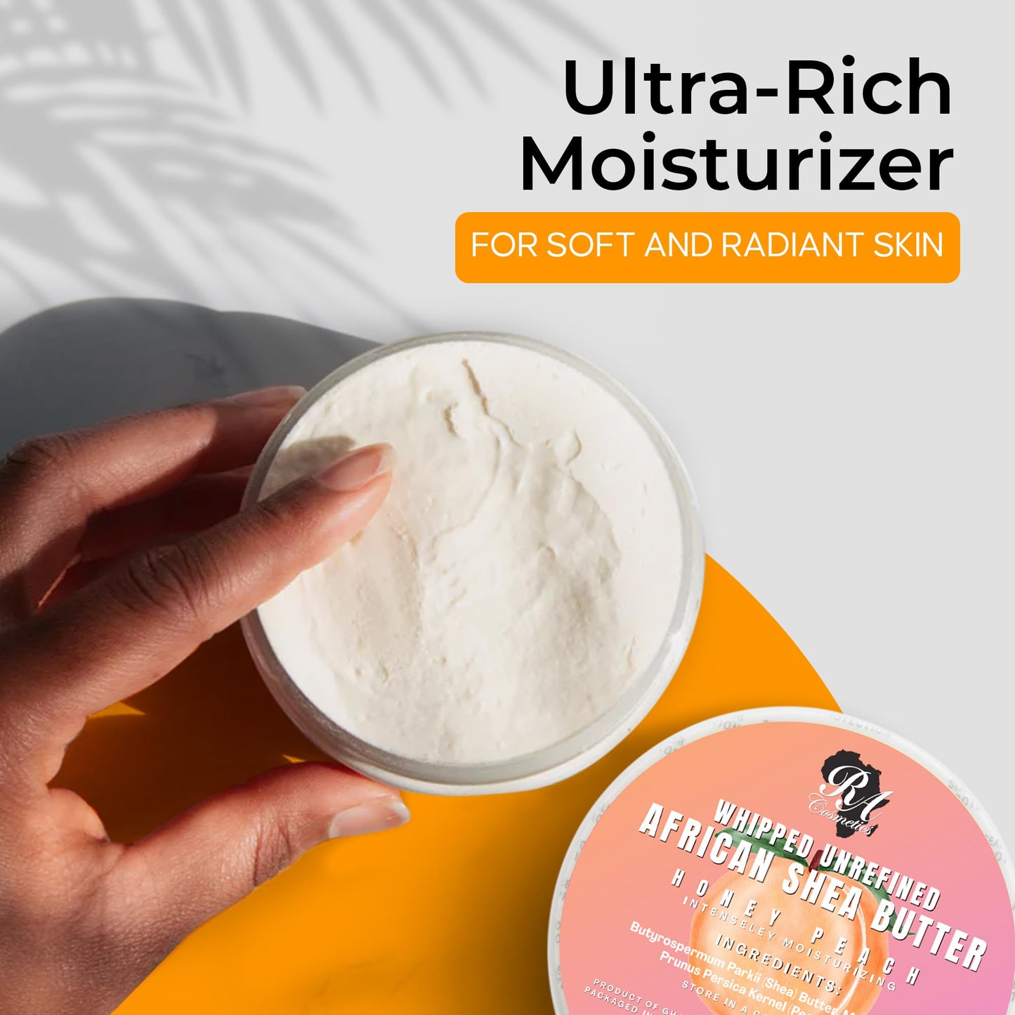 RA COSMETICS Whipped Shea Butter Honey Peach - 100% Pure and Natural African Shea Butter - Ultimate Handcrafted Moisturizer with Essential Vitamins