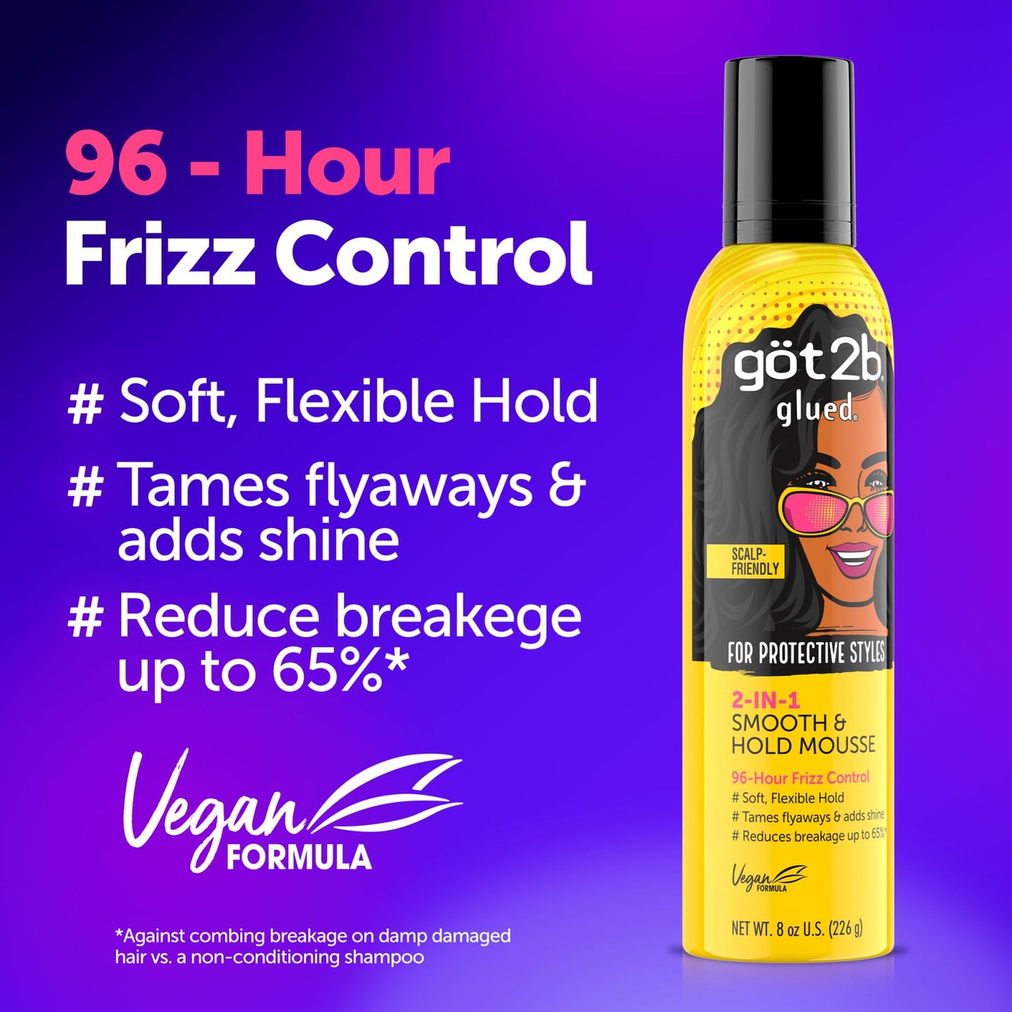 Got2b Glued 2-in-1 Smooth & Hold Hair Mousse, 8 Fl Oz, 96 Hour Frizz Control & Soft Flexible Hold for Wigs, Braids and Curls, No Stickiness