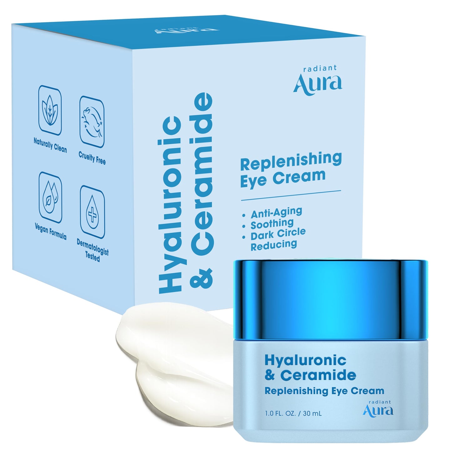 Radiant Aura Hyaluronic Acid & Ceramide Eye Cream For Dark Circles - Dermatologist Tested, Anti Aging Korean Skin Care - Deep Hydration & Depuffing
