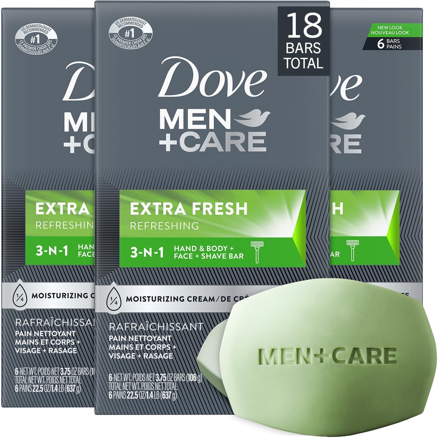 Dove Men+Care Soap Bar, Extra Fresh Scent 3-Pack (18 Bars) - Hydrating 3-in-1 Body, Hand, and Face Cleanser for Men, 22.5 Oz Ea
