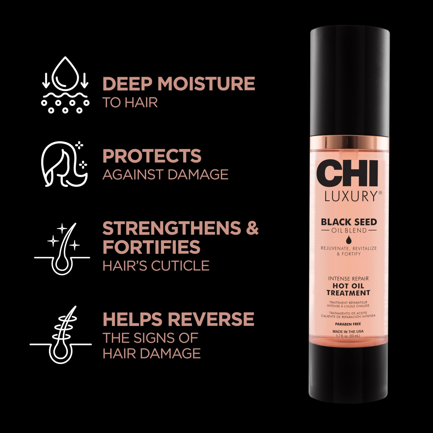 CHI Luxury Black Seed Oil Intense Repair Hot Oil Treatment, Moisturizes & Strengthens Dry & Damaged Hair, Sulfate, Paraben & Gluten-Free, 1.7 Oz