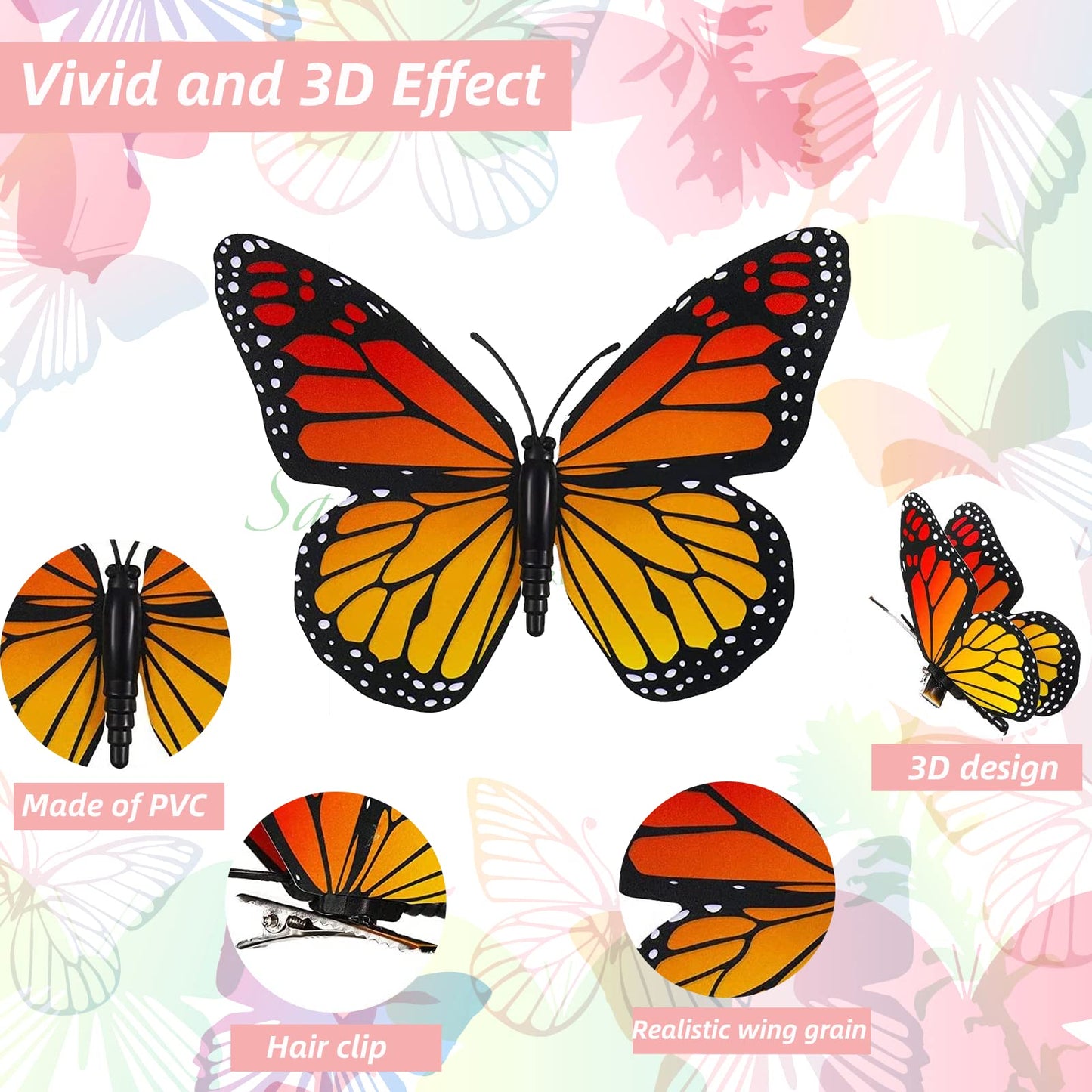 12 Pcs Dia De Los Muertos Monarch Butterfly Hair Clips, 4 Size 3D Simulation Butterflyr Hair Barrettes Butterfly Headwear Clips for Halloween Day