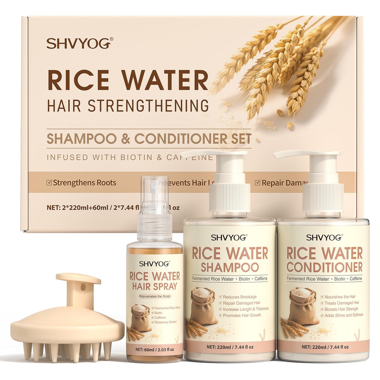 Rice Water Shampoo and Conditioner Set with Hair Growth Spray & Scalp Massager Brush, Enriched with Biotin & Caffeine, 4-in-1 Rice Water Hair Growth