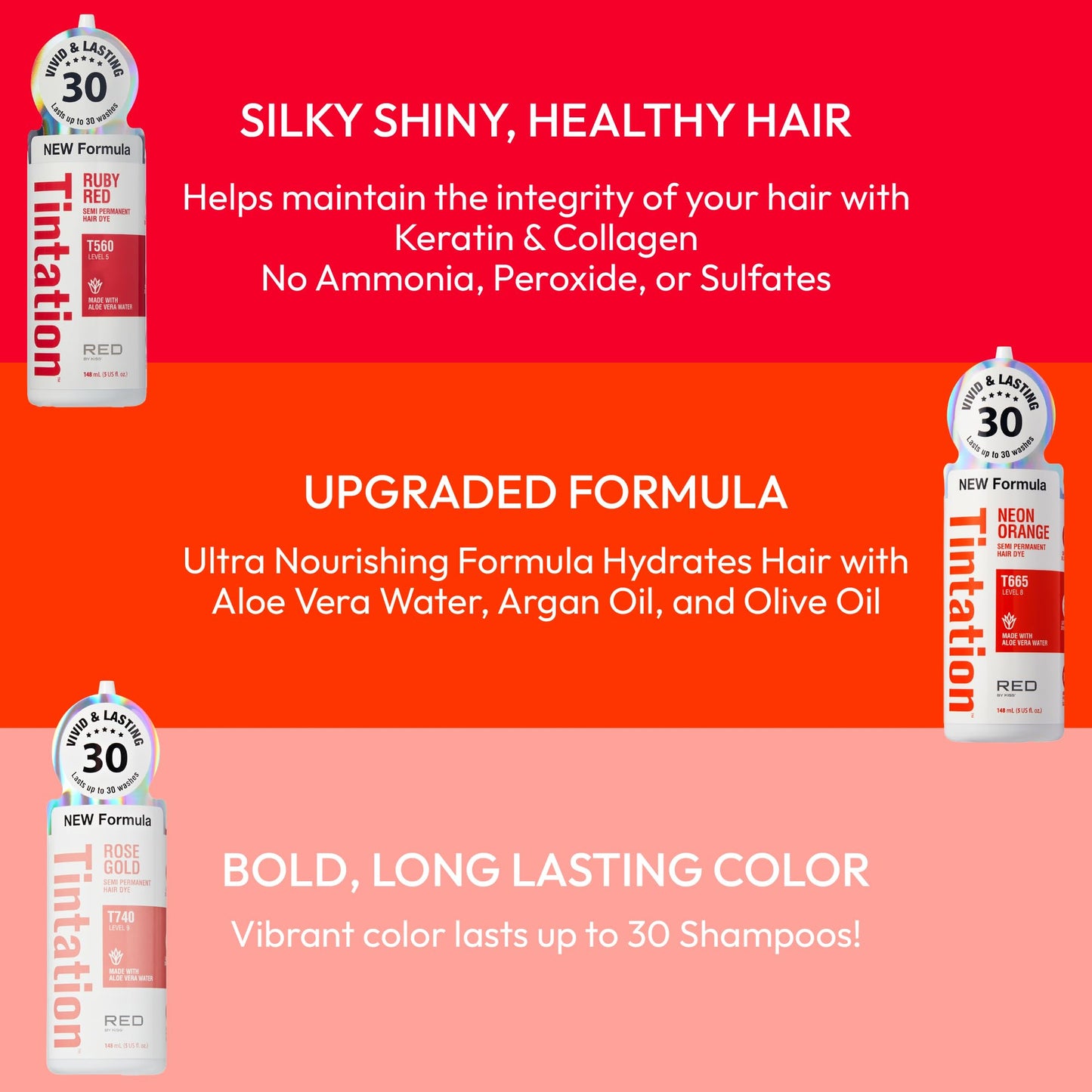 Red by Kiss Tintation Semi-Permanent Hair Color, Aloe Vera Water Based, Argan Oil, Olive Oil, Collagen & Keratin, Long-Lasting Color Dye (Rose Gold, 2