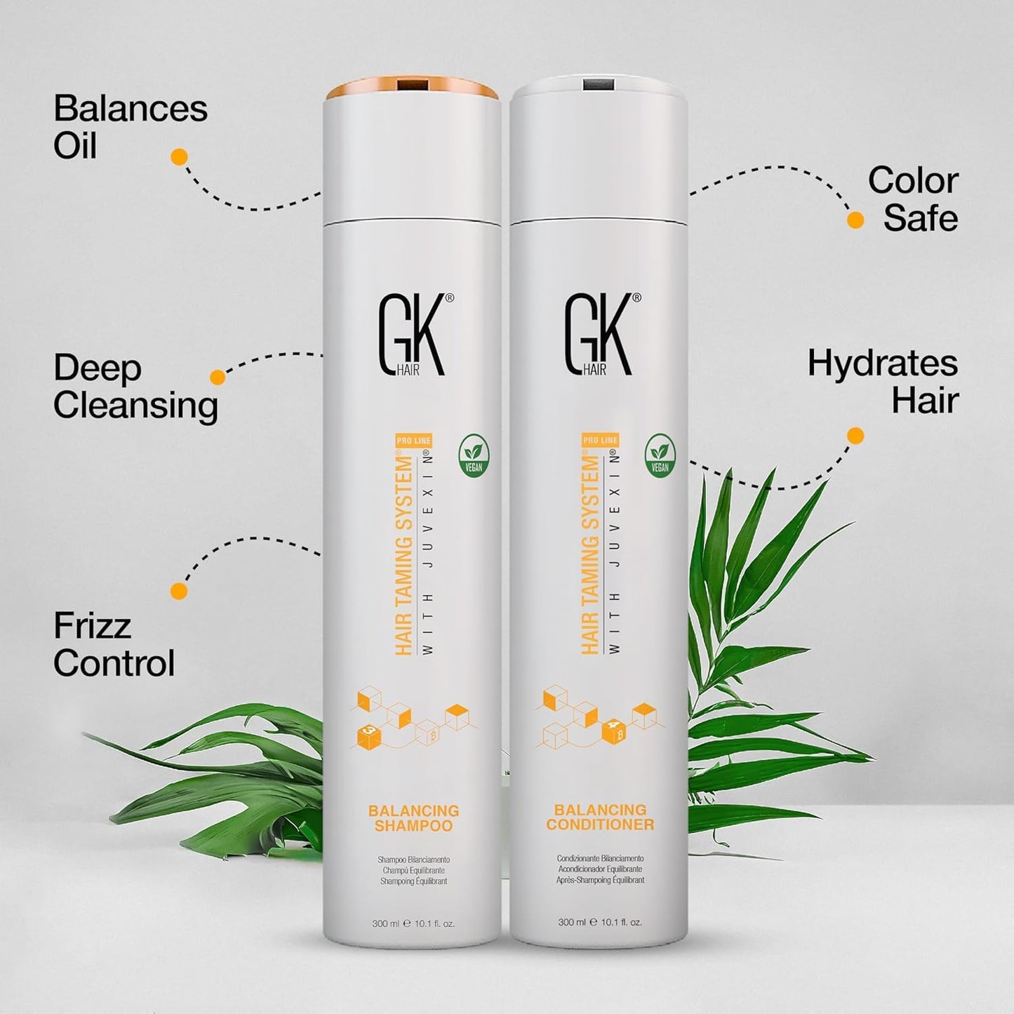 GK HAIR Global Keratin Balancing Shampoo and Conditioner 300ml Kit with Leave-In Cream 130ml | Moisturizing Hair Care Set for All Hair Types |