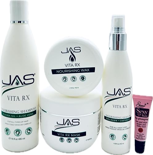JAS Vita Rx Nourishing Shampoo 16 Oz, Conditioner 16 Oz & Hydrating Leave In with Jojoba Oil + Aloe Vera 8 Oz + Vita RX Wax 4 oz "Free Lip Plumping