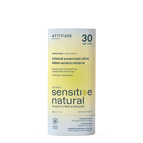 ATTITUDE Mineral Sunscreen Stick for Sensitive Skin, SPF 30, EWG Verified, Plastic-Free, Broad Spectrum UVA/UVB Protection with Zinc Oxide