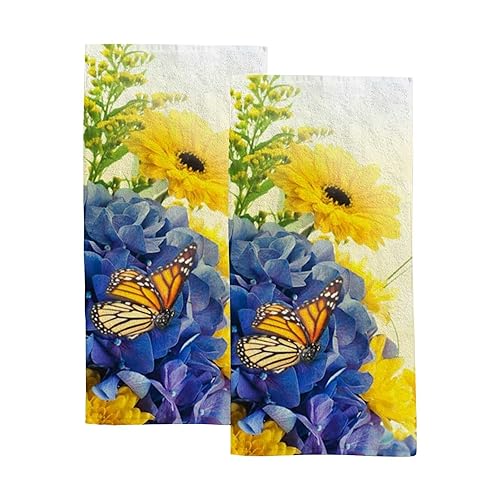 Hapuxt Hand Towels Face Towels Set of 2 Summer Yellow Blue Butterfly Flowers Soft Comfortable Polyester Microfiber Fast Water Absorbent Towels…