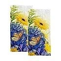 Hapuxt Hand Towels Face Towels Set of 2 Summer Yellow Blue Butterfly Flowers Soft Comfortable Polyester Microfiber Fast Water Absorbent Towels…