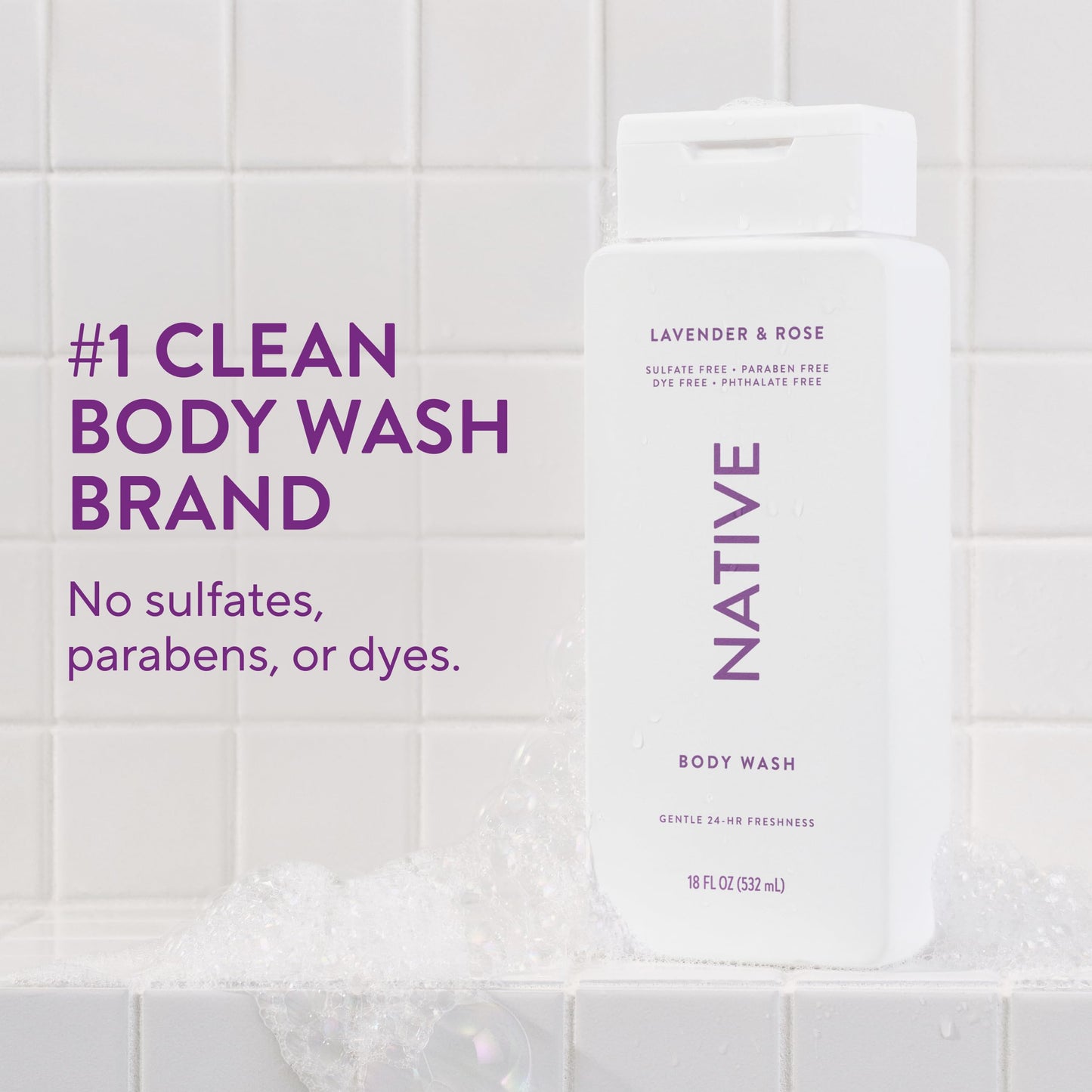 Native Lavender & Rose Scent 24-Hr Refreshing Clean Body Wash for Women & Men, for All Skin Types Incl. Sensitive, Leaves Skin Feeling Clean & Soft