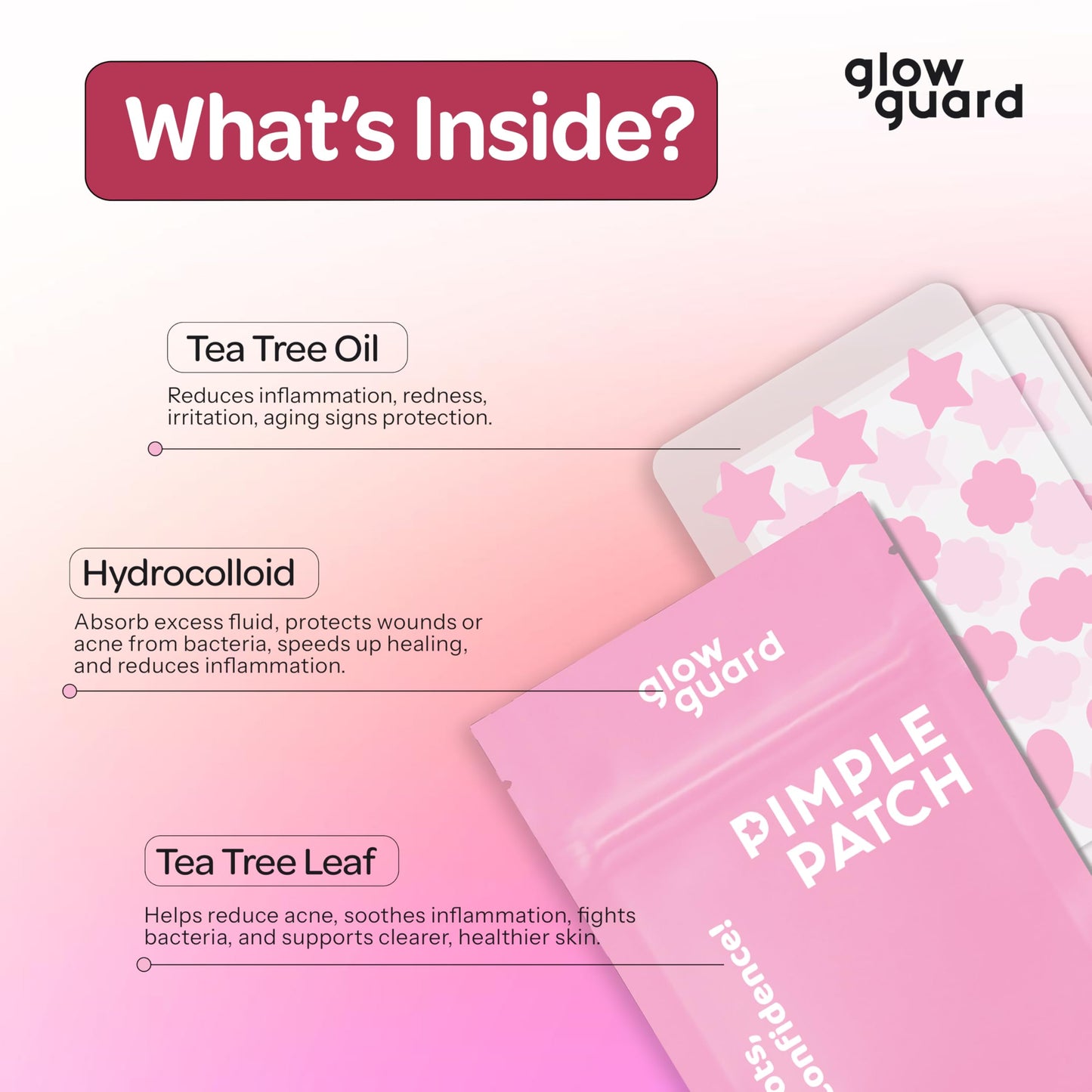 Glow Guard Pimple Patches with Hydrocolloid & Tea Tree Oil - Korean Skin Care, Dermatologist Tested - Absorbs Impurities, Reduces Redness - Vegan