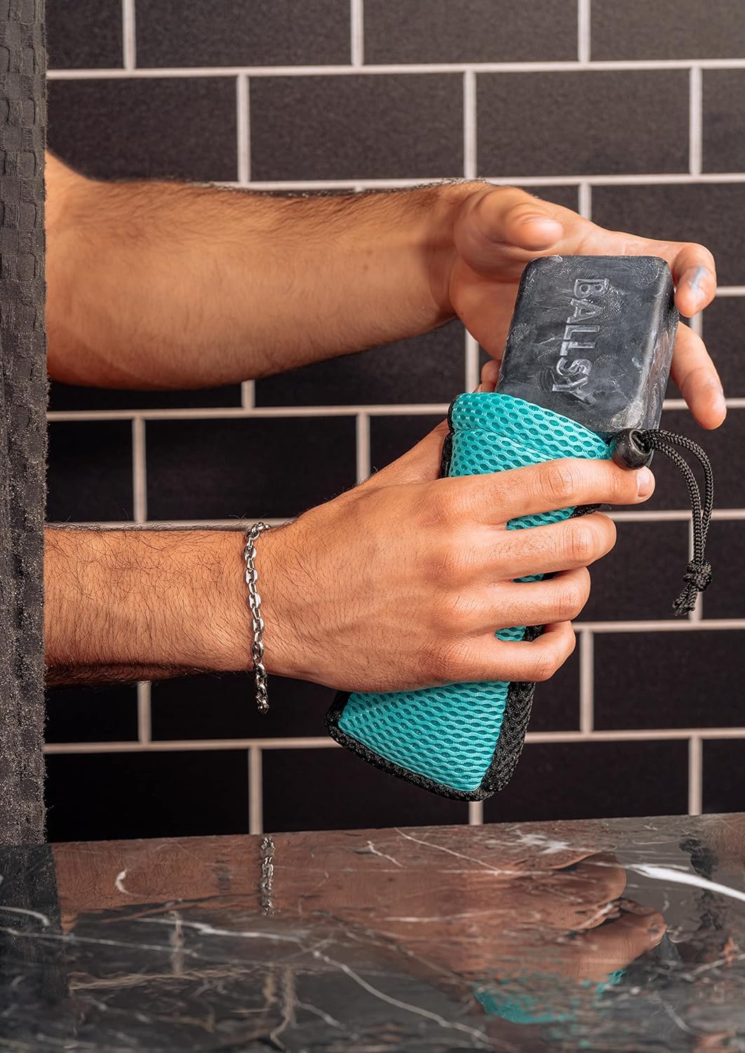 Ballsy Handy Shower Tool - Sud Sack Soap Pouch, Exfoliating Sponge for Baths and Showers - Compatible with Related Bars, Blue