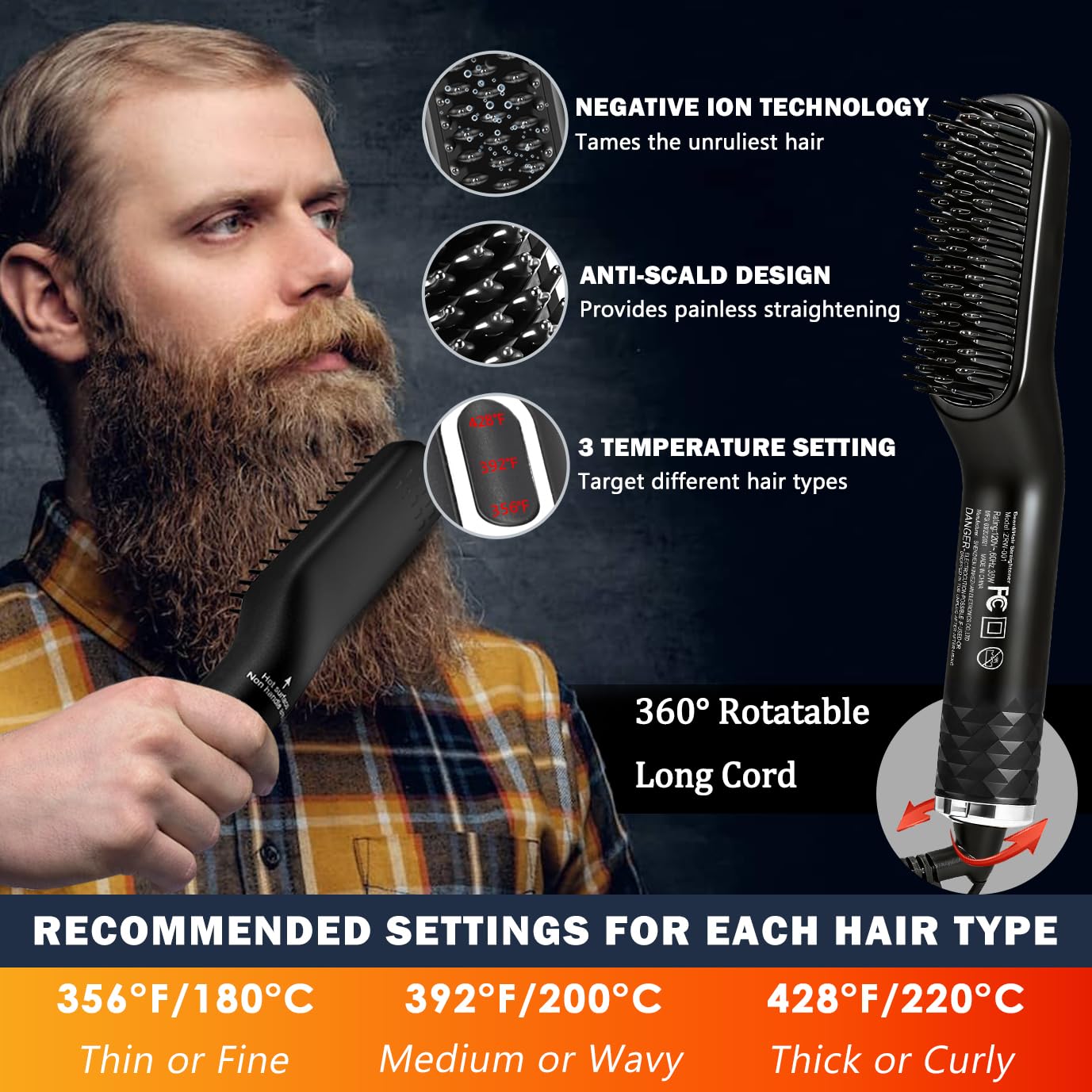 Beard Straightener for Men,Premium Heated Beard Brush Kit w/Dual Voltage Travel-Friendly,Auto Shut-Off,Anti-Scald Feature,Dual Action Hair Comb Beauty and Personal Care XIKEZAN