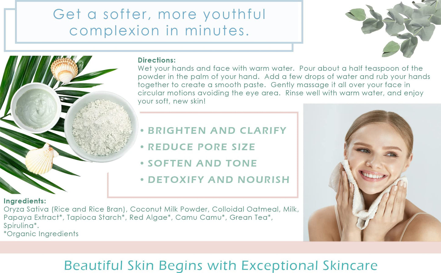 Rice and Papaya Enzyme Powder (water-activated) - All Natural Daily Face Exfoliator/Cleanser - Pore purifying, anti-aging, ingredients; fights