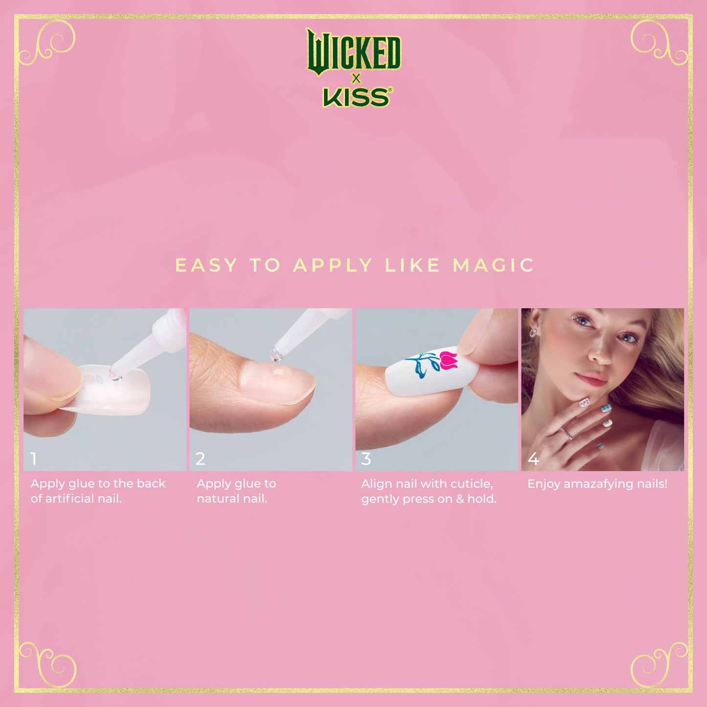 WICKED X KISS Press On Nails Almond, ‘Thrillifying!’, Green, Medium, Waterproof, Chip Proof, Smudge Proof, 28 Fake Nails, Pink Gel Nail Glue (2g) Beauty & Personal Care KISS