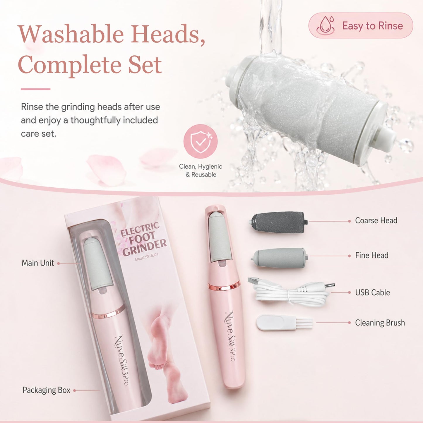 Nuve Silk 3 Pro Callus Remover for Feet, 2-Speed Electric Foot File, Pink Beauty and Personal Care Nuve Silk 3 Pro