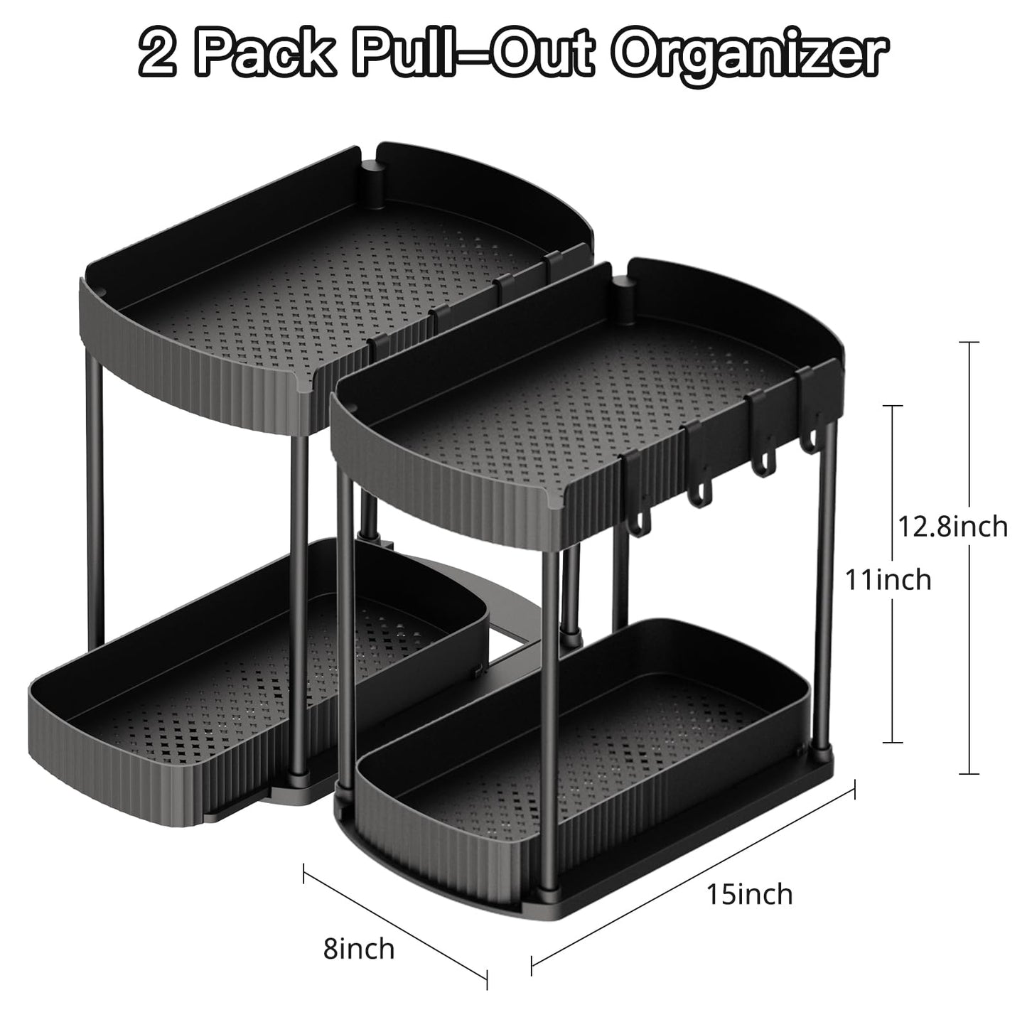 Ukeetap 2-Pack Pull-Out Storage Organizers – Under Sink & Cabinet Organizers for Bathroom & Kitchen, 12.8", Black