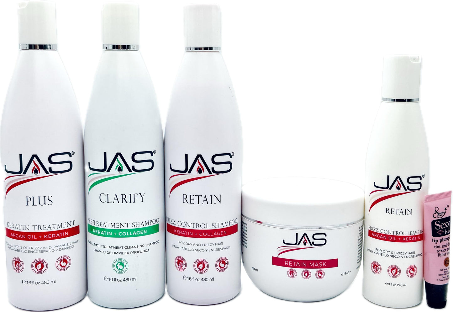 JAS Plus Keratin 3 Smoothing Treatment, Clarifying Shampoo, Retain Shampoo, Retain Mask and Leave in Conditioner 8 fl oz "Free Starry Sexy Kiss Lip