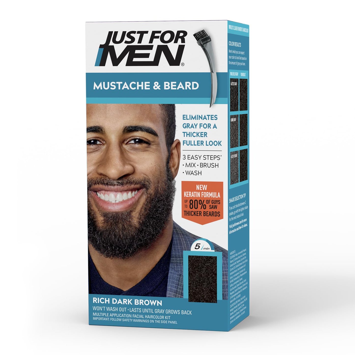 Just For Men Mustache & Beard, multiple uses Beard Dye for Men with Brush, With Keratin Biotin Aloe and Coconut Oil for Healthy Facial Hair - Rich